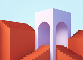 Minimal abstract scene with  stairways and arch. 3da background.