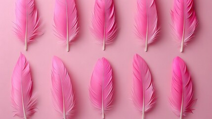 Fototapeta premium Pink feathers arranged in a row on a light pink background with a white stick sticking out of the center