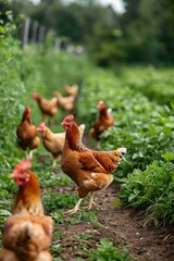 A group of chickens are walking through a field of grass