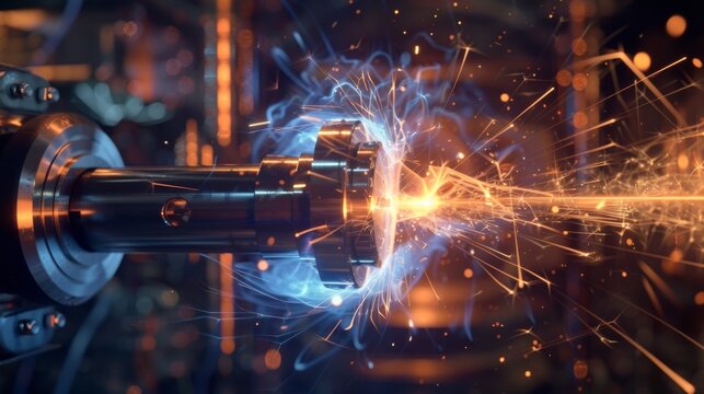 Sparks fly as the final pieces of a proton pack are fitted together ready to be used in tingedge scientific experiments.