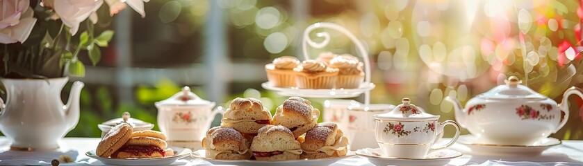 A luxurious afternoon tea setting with delicate finger sandwiches, scones with clotted cream and jam, and pastries, served on fine china with a pot of tea, garden setting