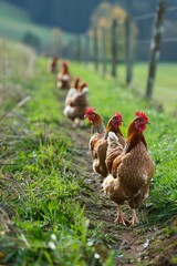 A group of chickens are walking down a grassy field
