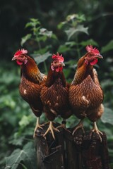 Three chickens standing on a wooden post