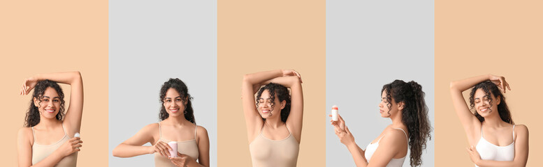 Set of beautiful young African-American woman with deodorant on color background