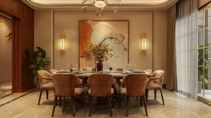 dining room, furniture and beige wall with poster frame generative ai