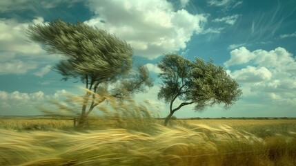 Trees in Motion During a Windstorm, dynamic movement of the natural elements
