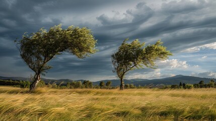 Wind-Blown Trees Under Overcast Skies, force of the wind and potential for damage