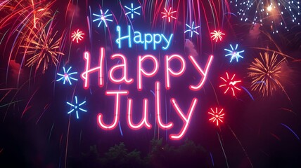 Vibrant fireworks display in the night sky, forming a neon sign that reads "Happy 4th of July" in patriotic colors. 