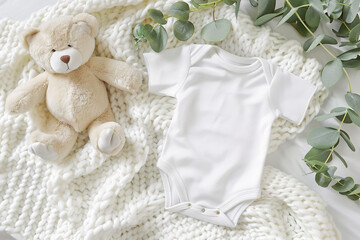 Mockup template of white cotton baby short sleeve bodysuit