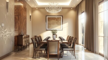 dining room, furniture and beige wall with poster frame generative ai