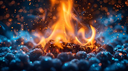A fire is burning in the snow. The fire is surrounded by a blue and white background