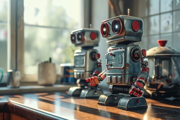 Fototapeta premium Robot assistants helping in household chores, Morden Robot AI generated