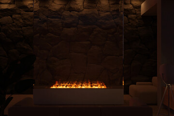 dark living room with horizontal fireplace. 3D rendering