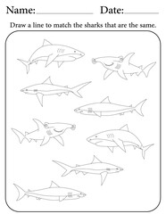 Shark Puzzle. Printable Activity Page for Kids. Educational Resources for School for Kids. Kids Activity Worksheet. Match Similar Shapes