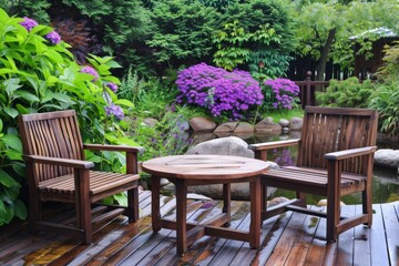 Fototapeta premium A wooden garden furniture set consisting of two chairs and one table on the deck, surrounded by lush greenery with purple flowers in bloom near an ornamental pond Generative AI