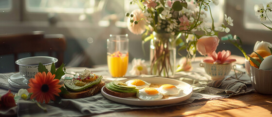 Naklejka premium A rustic brunch scene with avocado toast, poached eggs, and a smoothie bowl, served on a wooden table with a vase of fresh flowers, soft morning light, photorealisticClose-up