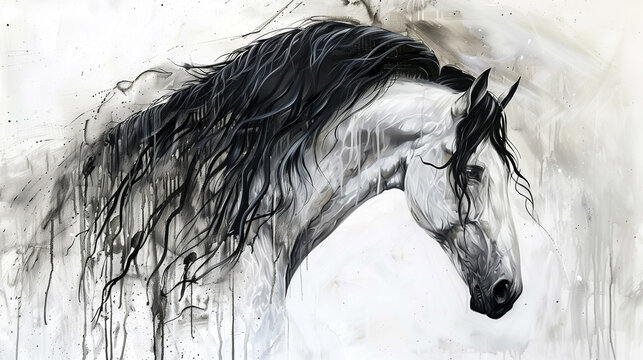 Stylized black and white painting of a horse.