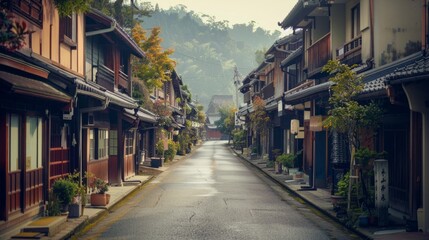 Fototapeta premium village street, showing the houses lined up along the road generative ai