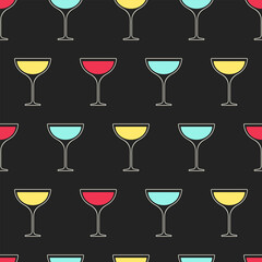 Alcohol cocktails vector seamless pattern. Multicolor glasses with white outline on black background.