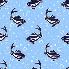 Fishes and bubbles vector seamless pattern. Black and white stylized drawings on blue background.