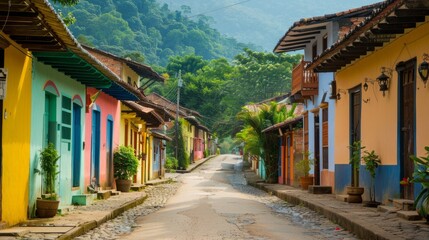 village street, showing the houses lined up along the road generative ai