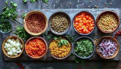 A variety of lentils, beans, and spices are arranged in bowls on a rustic table.