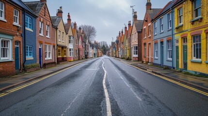 village street, showing the houses lined up along the road generative ai