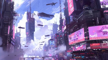Futuristic city with skyscrapers and flying vehicles for sci-fi and technology themed designs