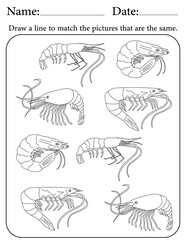 Shrimp Puzzle. Printable Activity Page for Kids. Educational Resources for School for Kids. Kids Activity Worksheet. Match Similar Shapes