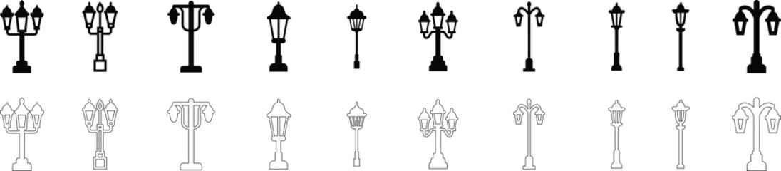 street light lamps and spotlights flat and line icon set. Old and modern street lamp black silhouette city vintage glowing in darkness road in dusk vector collection isolated on transparent background