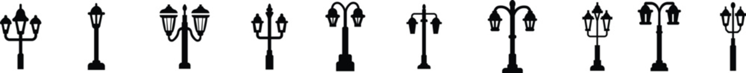 street light lamps and spotlights flat icon set. Old and modern street lamp black silhouette city vintage glowing in darkness road in dusk vector collection isolated on transparent background