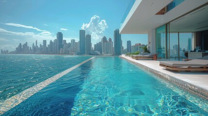 City Skyline Reflecting in Swimming Pool