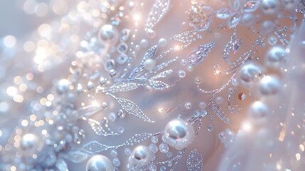 A close-up of intricate beadwork on the bodice of a mermaid-style wedding gown, with shimmering pearls and crystals catching the light from every angle