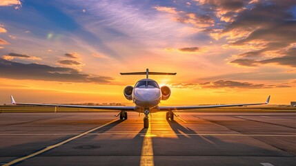 Majestic Plane Resting on Runway Under Sunset Sky