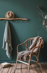 A Room With Green Walls and a Wicker Chair