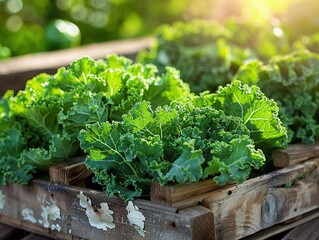 A close-up image of a wooden crate filled with fresh green kale leaves, ready to be harvested