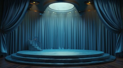 Stage With Blue Curtain and Steps