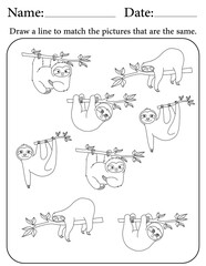 Sloth Puzzle. Printable Activity Page for Kids. Educational Resources for School for Kids. Kids Activity Worksheet. Match Similar Shapes © AhmedSherif