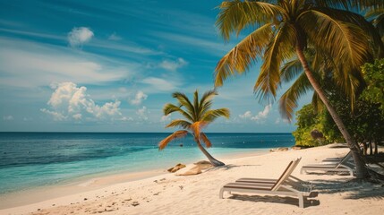 Beach With Two Lounge Chairs and Palm Tree