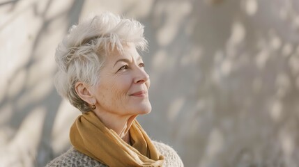 Portrait of a happy  70 years old woman, looking far away in the distance