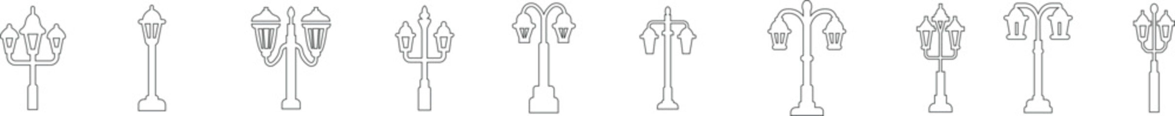 street light lamps and spotlights line icon set. Old and modern street lamp black silhouette city vintage glowing in darkness road in dusk vector collection isolated on transparent background