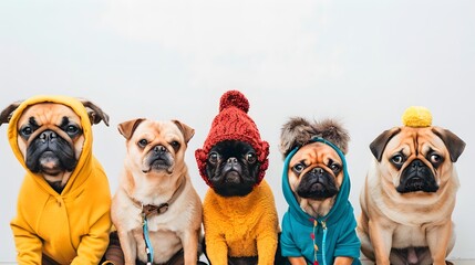 Funny group of pugs in clothes on a white background. Dressed up pets.