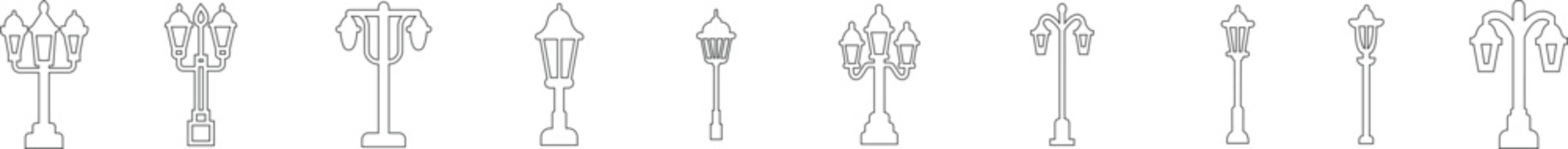 street light lamps and spotlights line icon set. Old and modern street lamp black silhouette city vintage glowing in darkness road in dusk vector collection isolated on transparent background