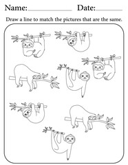 Sloth Puzzle. Printable Activity Page for Kids. Educational Resources for School for Kids. Kids Activity Worksheet. Match Similar Shapes