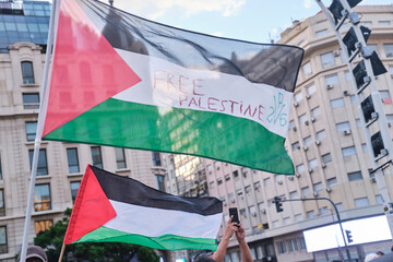 Palestinian flags in Argentina during a march in solidarity with Palestine
