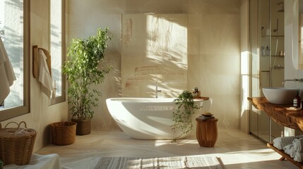 natural light to create light and shadow effects that highlight the elements of the bathroom. generative ai