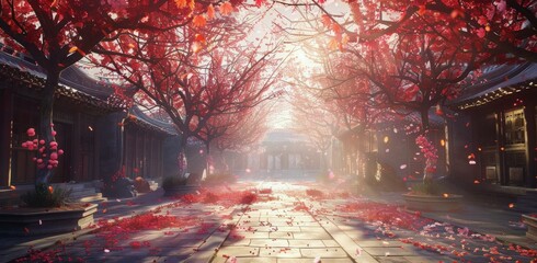 Street Covered in Red Leaves
