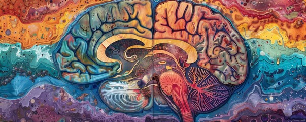 Obraz premium Painting of a human brain with colorful patterns on each hemisphere