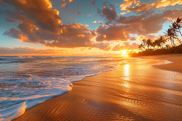A tropical beach at sunset, with golden sand and gentle waves, the sky ablaze with oranges and pinks, with palm trees silhouetted against the horizon