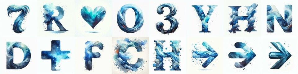 Blue watercolor Lettering Typeface. AI generated illustration